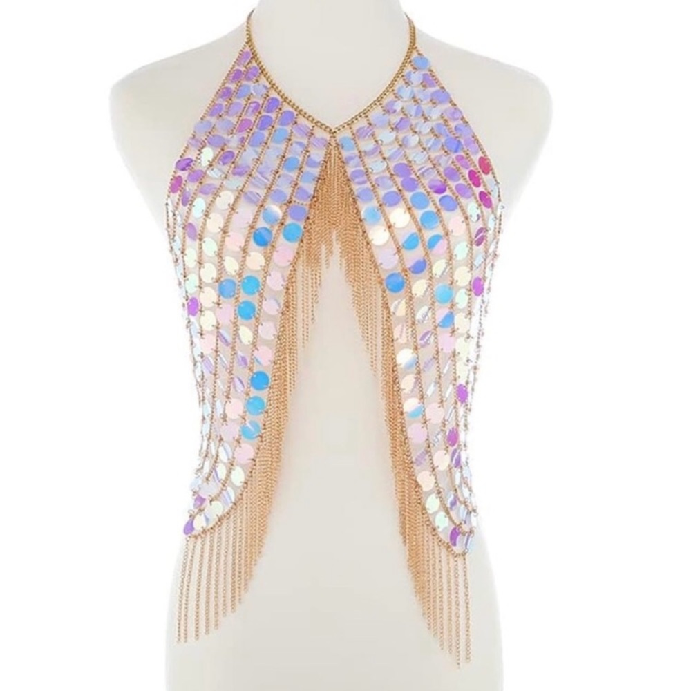 Pink Sequins Tassel Holographic Crystal Bra Sparkly Body Chain Rave Boho Outfit